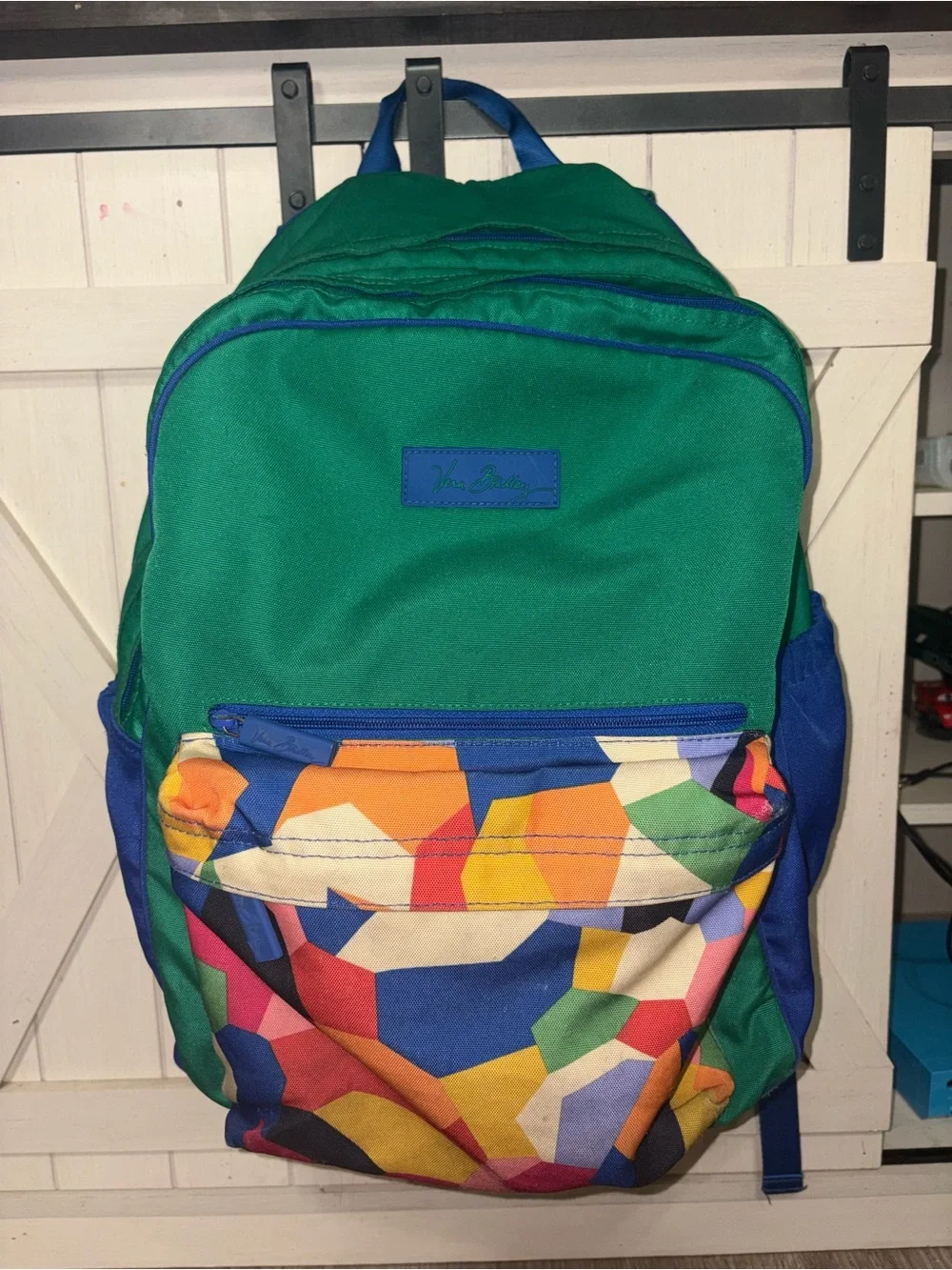 Vera Bradley Green Backpack with Multicolor Geometric Front Pocket